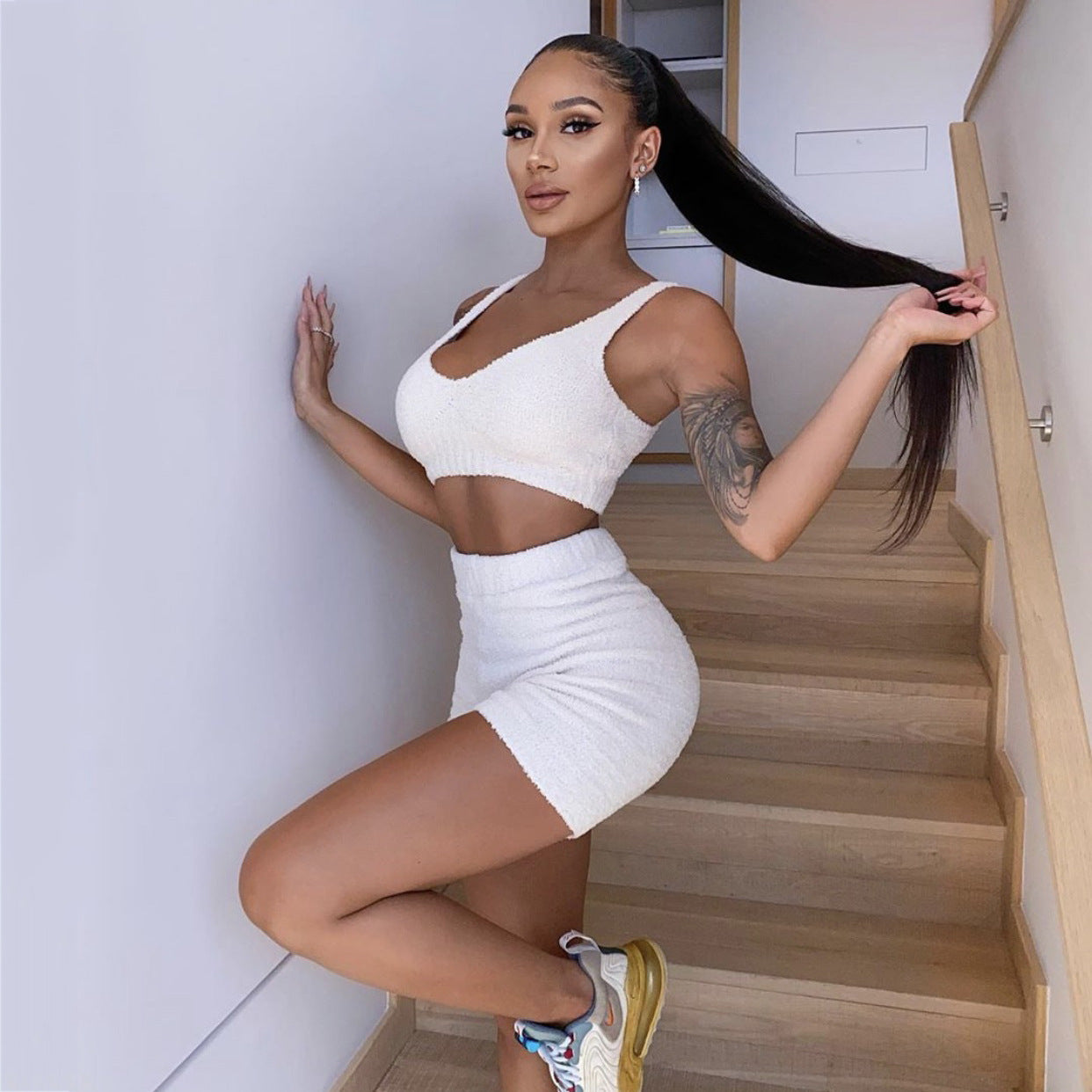 Women's Long Sleeve Crop Tank Top And Drawstring Shorts 3pc Pajama Set